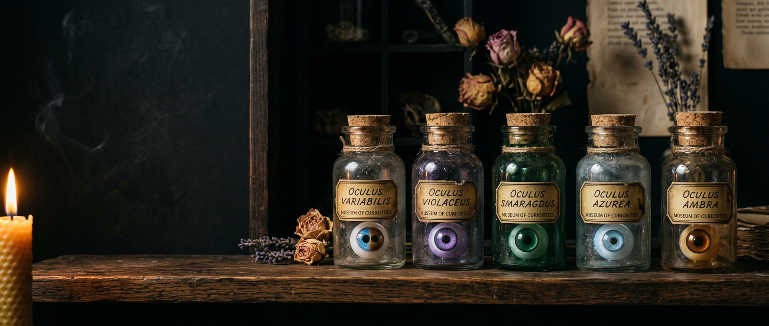 Antique glass jars holding handmade eyeball specimens with different iris colours
